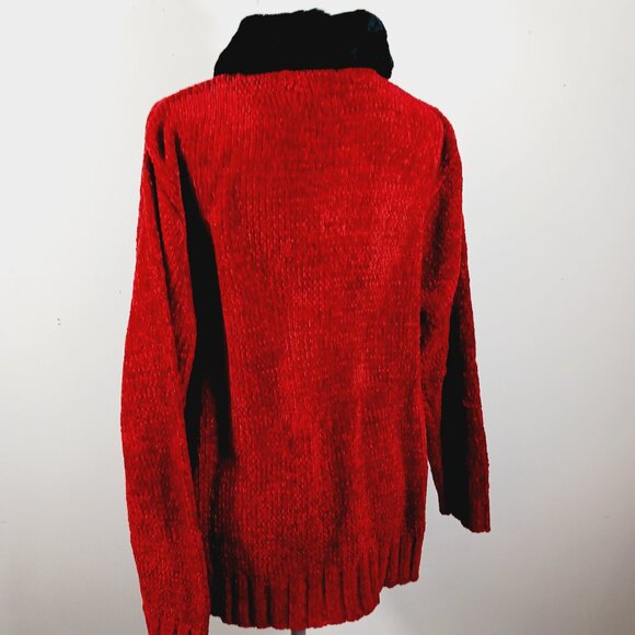 Kelly Scott, Red Zip Front Cardigan W/ Black Faux Fur Collar Size Medium Festive - Picture 6 of 16